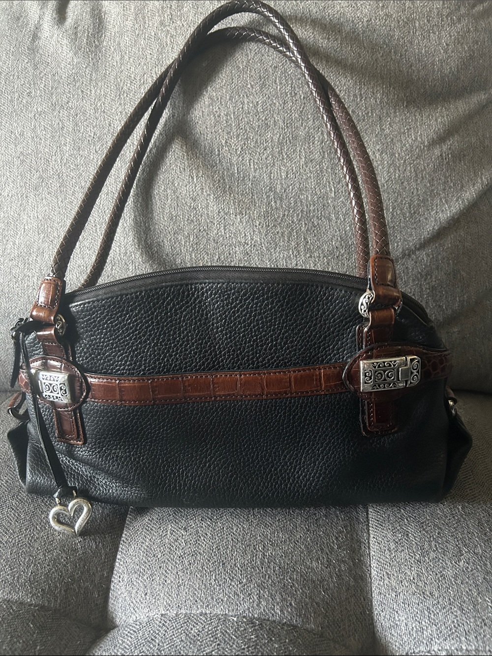 Brighton Black and Brown Leather Shoulder Bag with Heart Charm